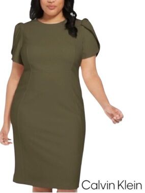 22W CALVIN KLEIN Tulip-Sleeve Crepe Knee Length Sheath Dress w. Exposed Back Zip